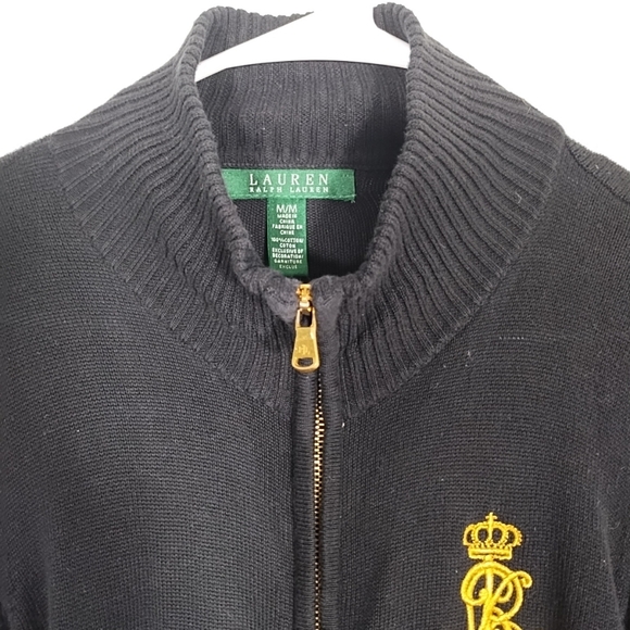 Lauren Ralph Lauren Women's M Black Zip Cardi Sweater Gold Monogram Crest - Picture 4 of 8